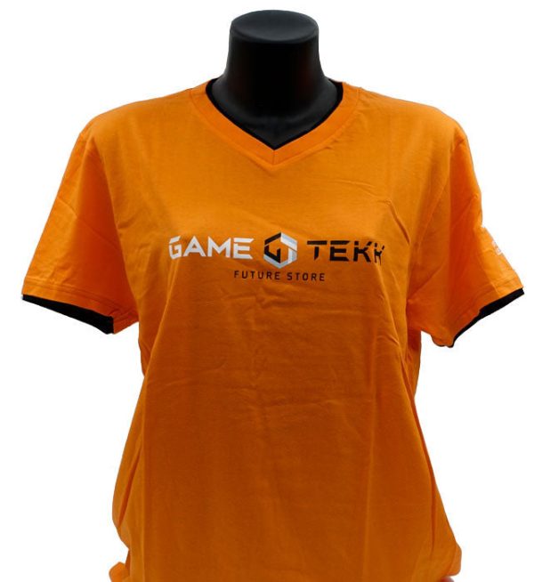 T-Shirt Collo V Arancione Bordi Neri GameTekk Uomo XL For Sale